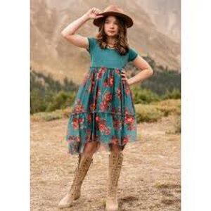 Joyfolie Teal and Red Floral Kids Dress, NWT, size 7